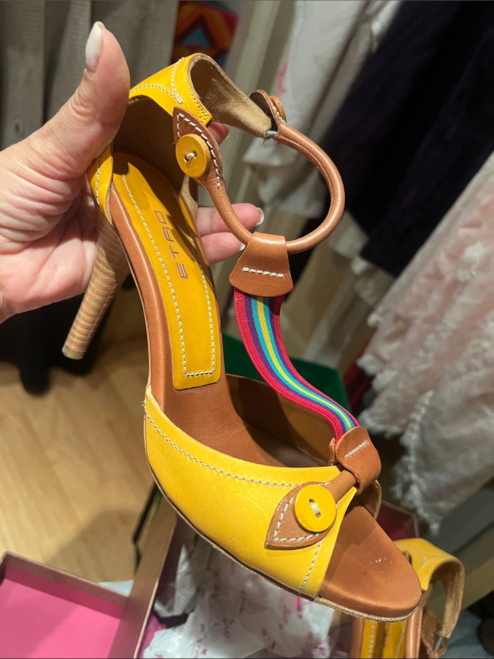 Yellow Leather Women’s Heel Sandals with Rainbow Elastic Strap